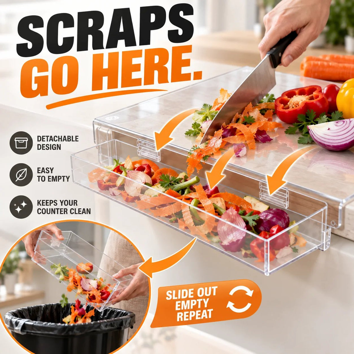 📍 50% OFF🔪 Acrylic Cutting Board✨ Built-In Waste Container & Counter Lip