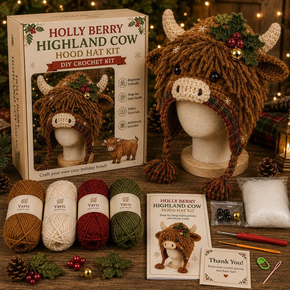 🐮🎄 Christmas Highland Cow Hood Hat DIY Crochet Kit – Make It, Wear It & Love It