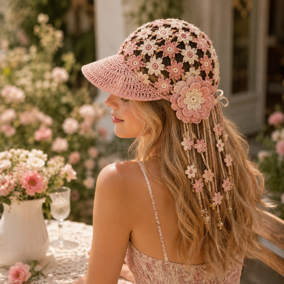 🔥Last Day 49% OFF - 🌻Women’s Handmade Crochet Sunflower Baseball Cap – Hollow-Out Boho Summer Sun Hat with Decorative Tassels
