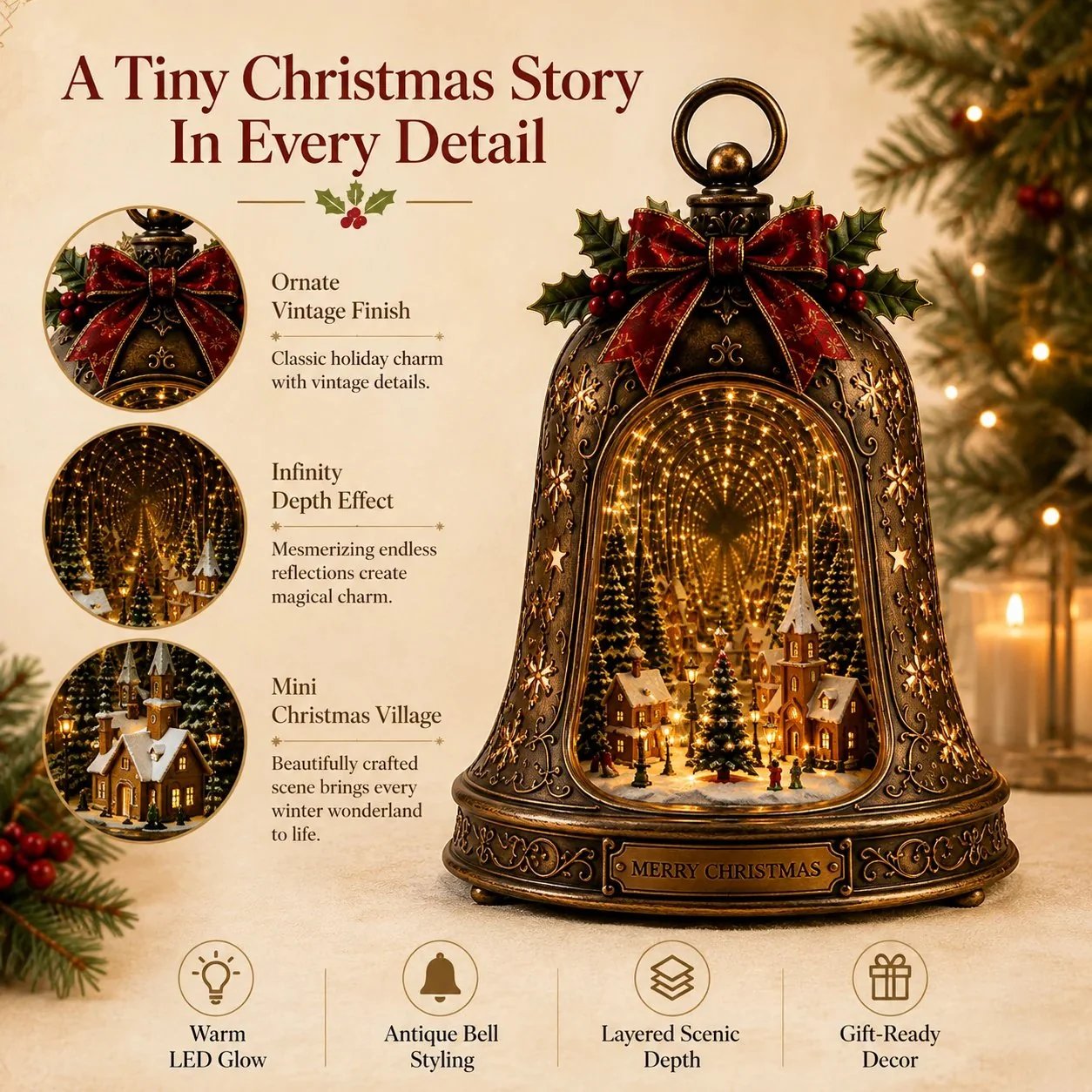 🎉🎄 Christmas Village Infinity Bell – Lighted 3D Holiday Decor
