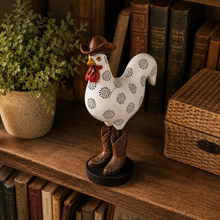 Western rooster figurine displayed in farmhouse home