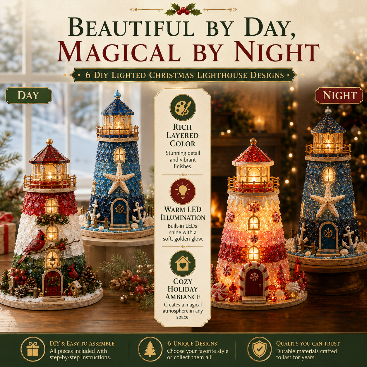 🎄Beginner-Friendly DIY Lighted Christmas Character Sea Glass-Style Lighthouse Kit Collection | Complete Kit with Sea Glass-Style Pieces, LED Lights & Step-by-Step Guide Included 💕