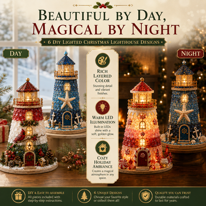 🎄Beginner-Friendly DIY Lighted Christmas Character Sea Glass-Style Lighthouse Kit Collection | Complete Kit with Sea Glass-Style Pieces, LED Lights & Step-by-Step Guide Included 💕