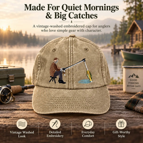 🎣🧢 Catch of the Day Interactive Fishing Cap –🎁 Vintage Washed Moving Fish Hat