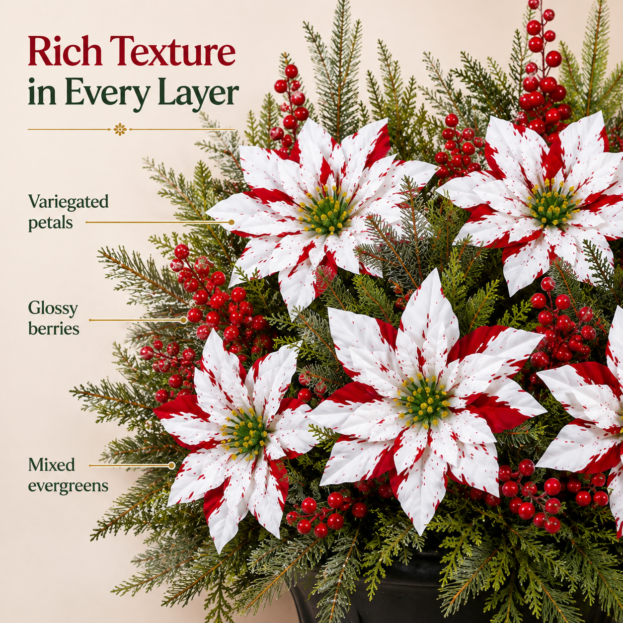 Christmas Poinsettia Planter Inserts – Set of 6 Red & White Holiday Floral Picks