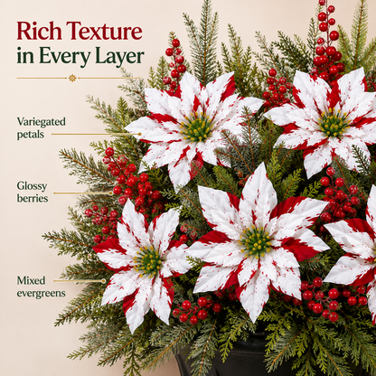 Christmas Poinsettia Planter Inserts – Set of 6 Red & White Holiday Floral Picks
