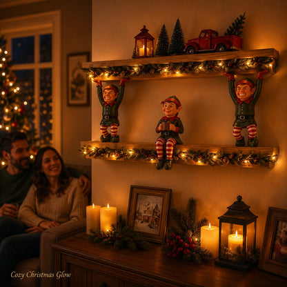 Free Shipping 🎄 Christmas Elf Shelf Décor – Whimsical 3-Elf Holiday Wall Display with Festive Garland, Pinecones & Berries