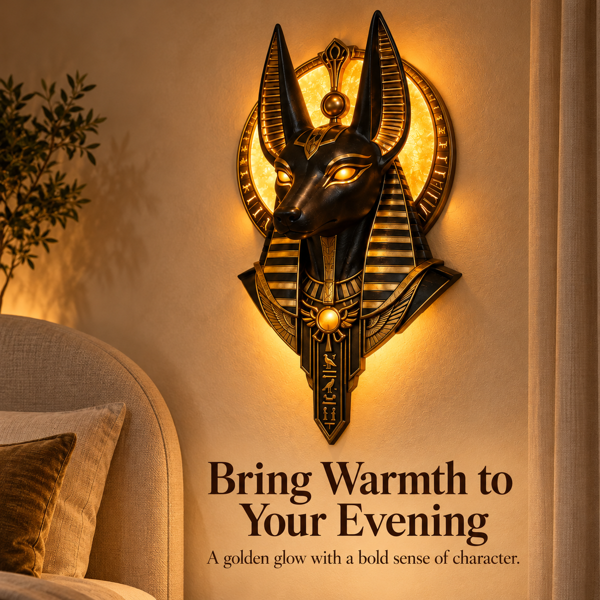 Warm golden Anubis wall light beside neutral living-room furnishings