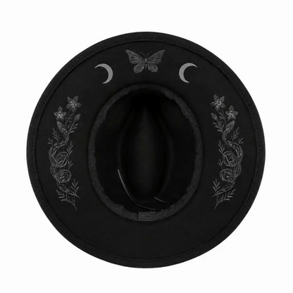 🖤 Gothic Embroidered Wide Brim Fedora Hat 🌙