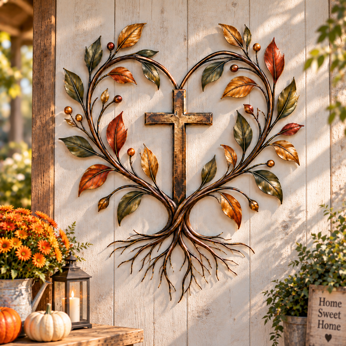 ✝️🍂 Faith & Harvest Tree Wall Art – Rustic Autumn Christian Metal Decor
