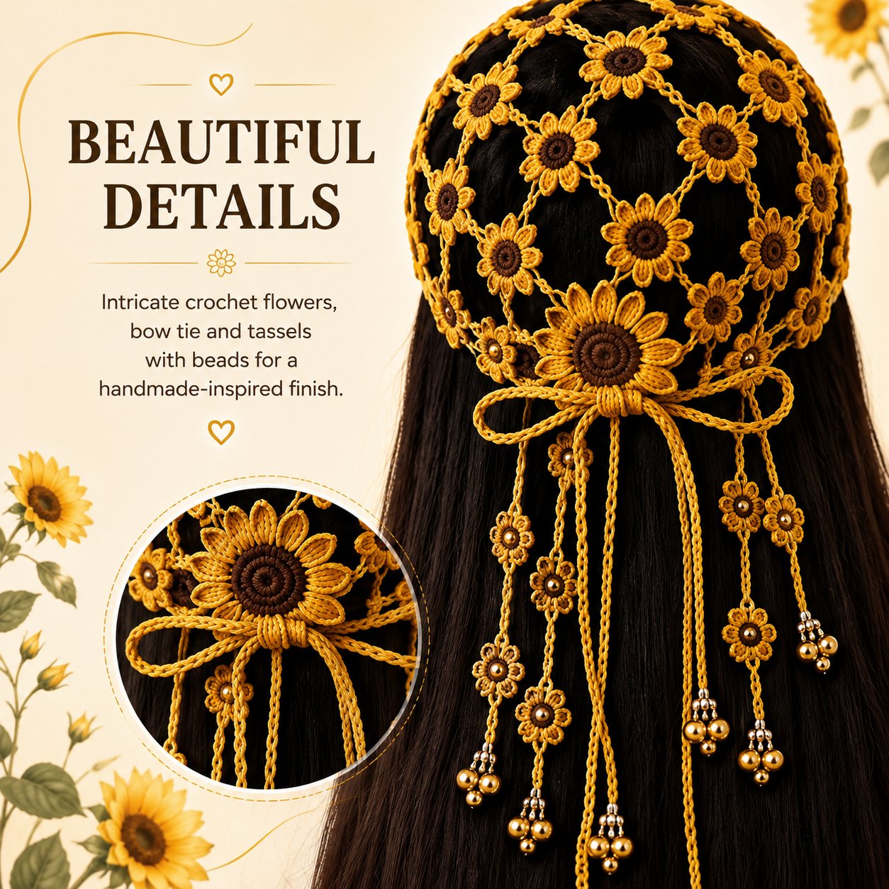 🔥Last Day 49% OFF - 🌻Women’s Handmade Crochet Sunflower Baseball Cap – Hollow-Out Boho Summer Sun Hat with Decorative Tassels