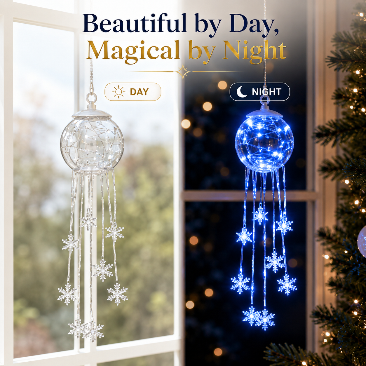 Day and night comparison of the snowflake cascade ornament