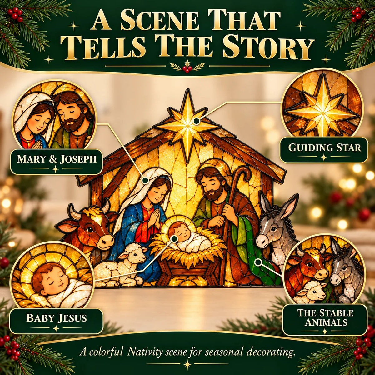 ✝️ Nativity Scene Christmas Decoration 🎄✨ Stained Glass Style Holy Family Display with Baby Jesus, Mary, Joseph & Stable Animals 🕊️🎁