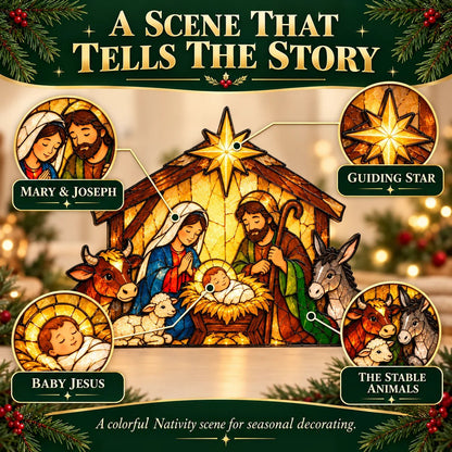 ✝️ Nativity Scene Christmas Decoration 🎄✨ Stained Glass Style Holy Family Display with Baby Jesus, Mary, Joseph & Stable Animals 🕊️🎁