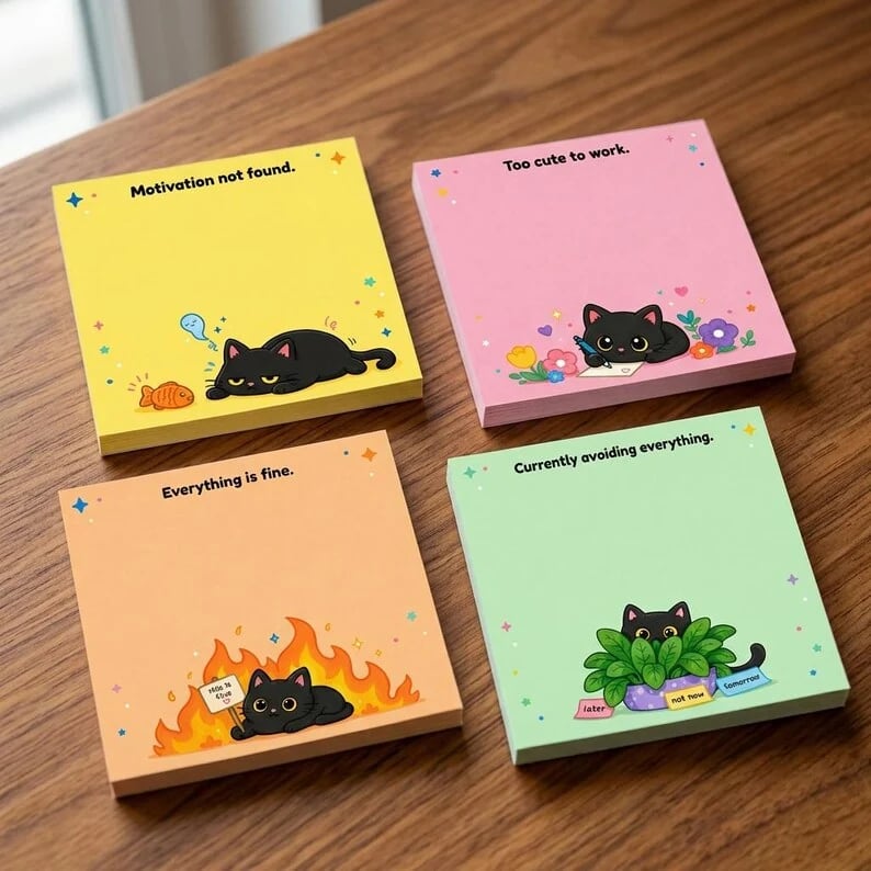 🐈‍⬛😂 Moody Cat Desk Notes – 4 Hilarious Designs for Work, School & Everyday Chaos