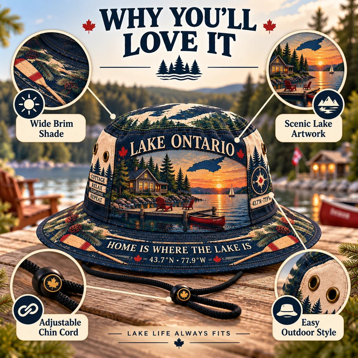 🔥LAST DAY 50% OFF - 🌊🍁 Lake Ontario Cottage Life Boonie Hat – Home Is Where the Lake Is (🧢100% Cotton)