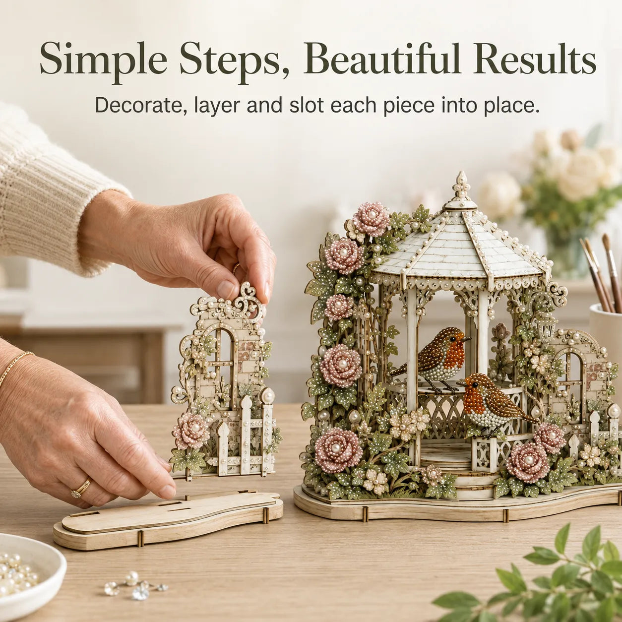 🐦3D Pearl & Diamond Art DIY Kit｜Vintage English Garden Gazebo Wooden Craft Kit