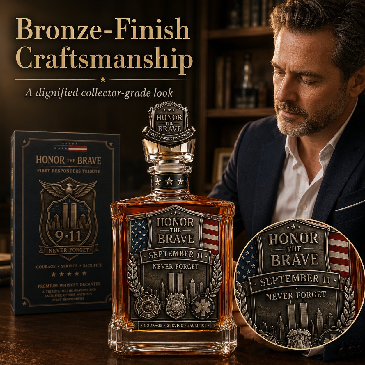 Honor the Brave Relief Decanter & Emblem – Hero Commemorative Ornament for Home Bar Display