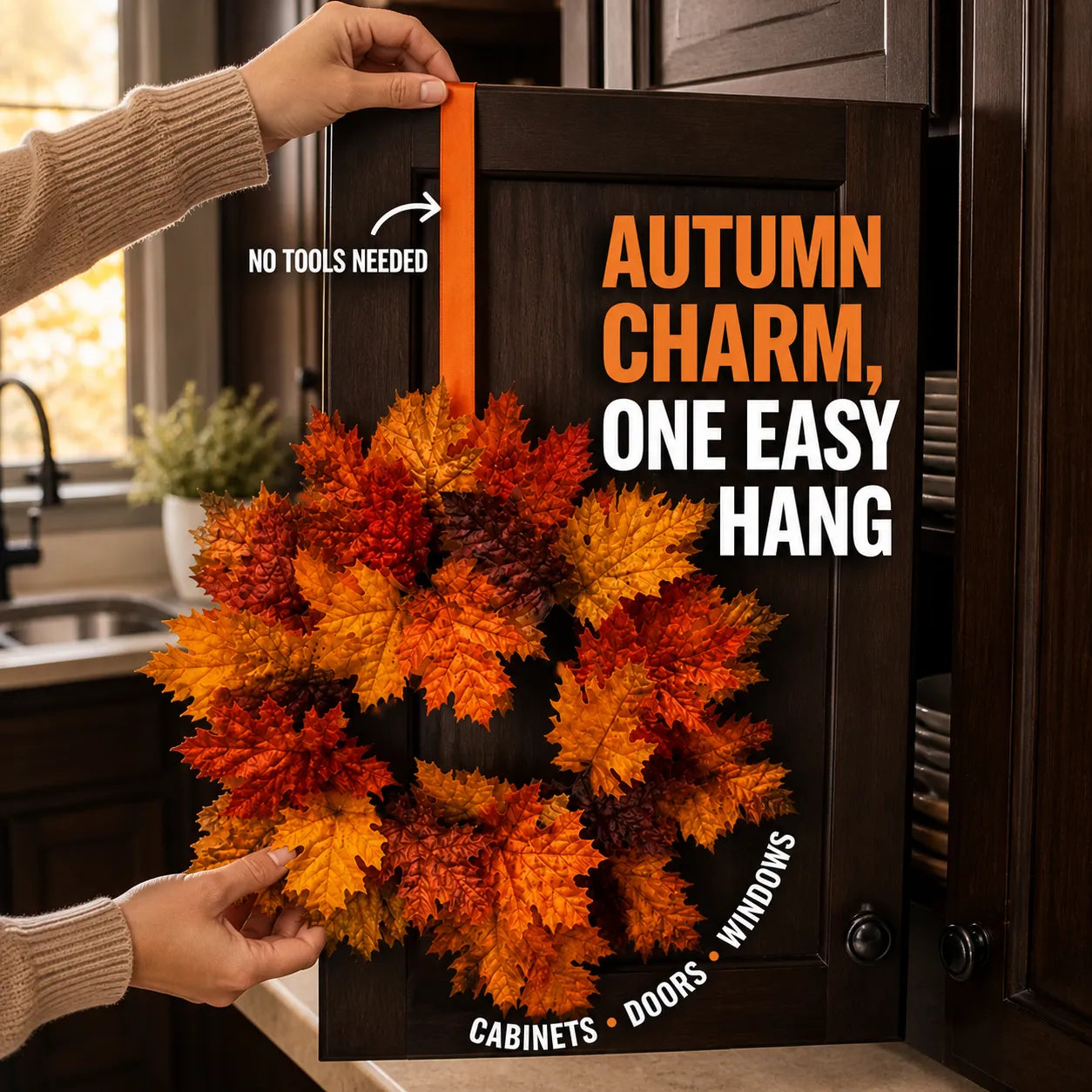 Mini Fall Maple Leaf Cabinet Wreath with Hanging Ribbon
