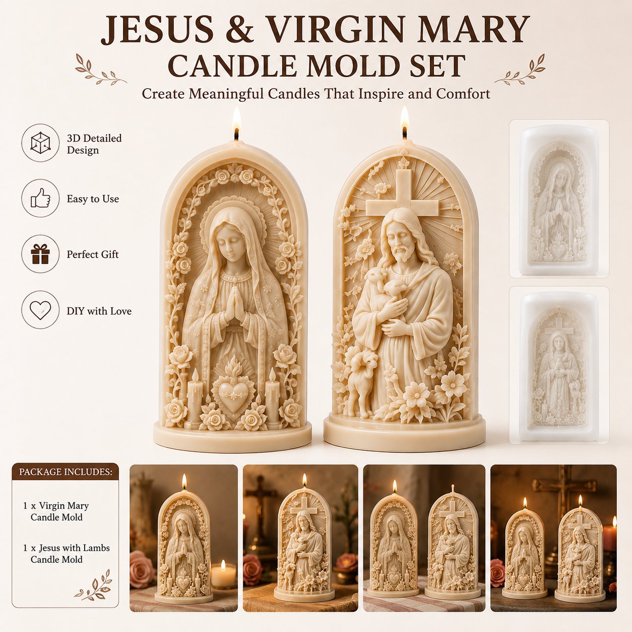 ⏳ Last Day 49% OFF ✝️ 2-Piece Good Shepherd Jesus 3D Candle Mold Set | Sculpted Cross, Lamb & Floral Relief for Faith-Inspired Handmade Candles 🕯️✨