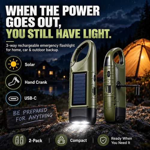 🔥HOT SALE🔥Solar Hand Crank Emergency Flashlights – USB-C Rechargeable Outdoor Lights