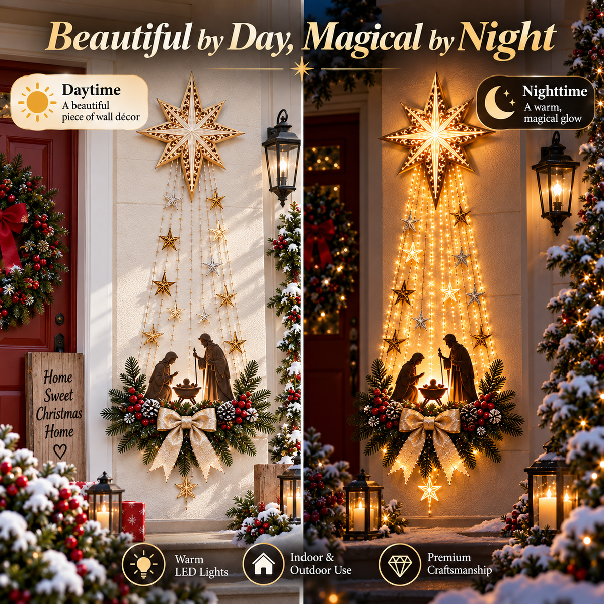 Bethlehem Star wall decor daytime and nighttime comparison