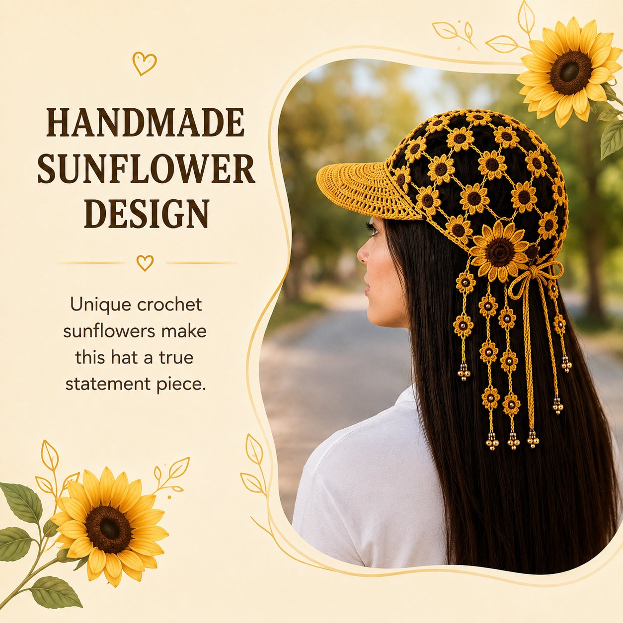 🔥Last Day 49% OFF - 🌻Women’s Handmade Crochet Sunflower Baseball Cap – Hollow-Out Boho Summer Sun Hat with Decorative Tassels
