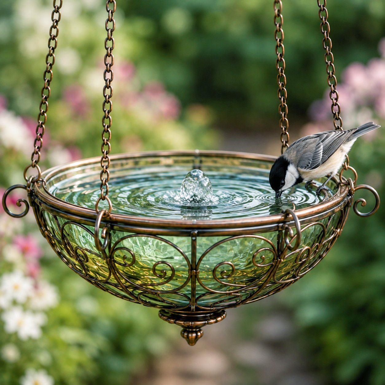 Birds resting around suspended glass garden basin