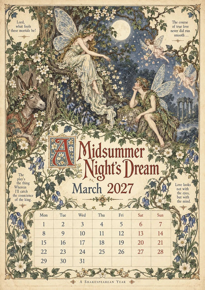 🗓️ A Vintage Literary Year 2027 – ✨ 12 Plays Through the Seasons | Vintage Illustrated Wall Calendar