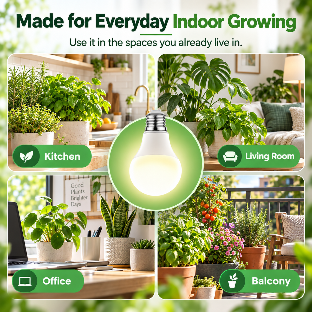Natural White Full-Spectrum Grow Light Bulbs – E26 Indoor Plant Light, 2-Pack