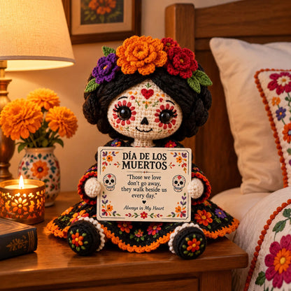 🏵️ 💕 Handcrafted Día de los Muertos Crochet Doll – Sugar Skull Catrina Figurine with Floral Dress & Memorial Sign