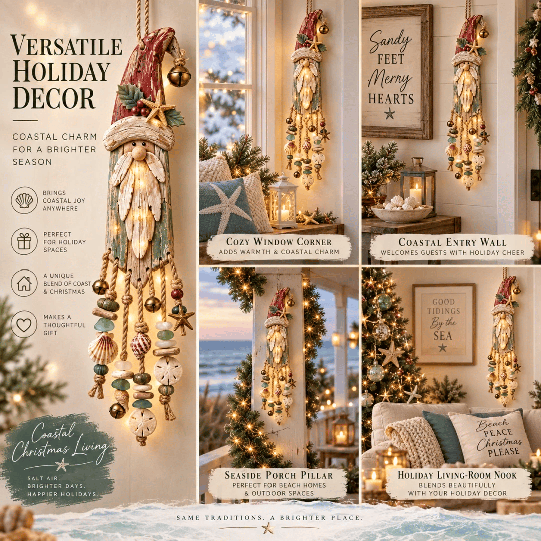 🔔🎄Vintage Coastal Santa Lighted Wall Decor – Beach House Christmas Hanging with Starfish, Shells & Warm Glow🌙