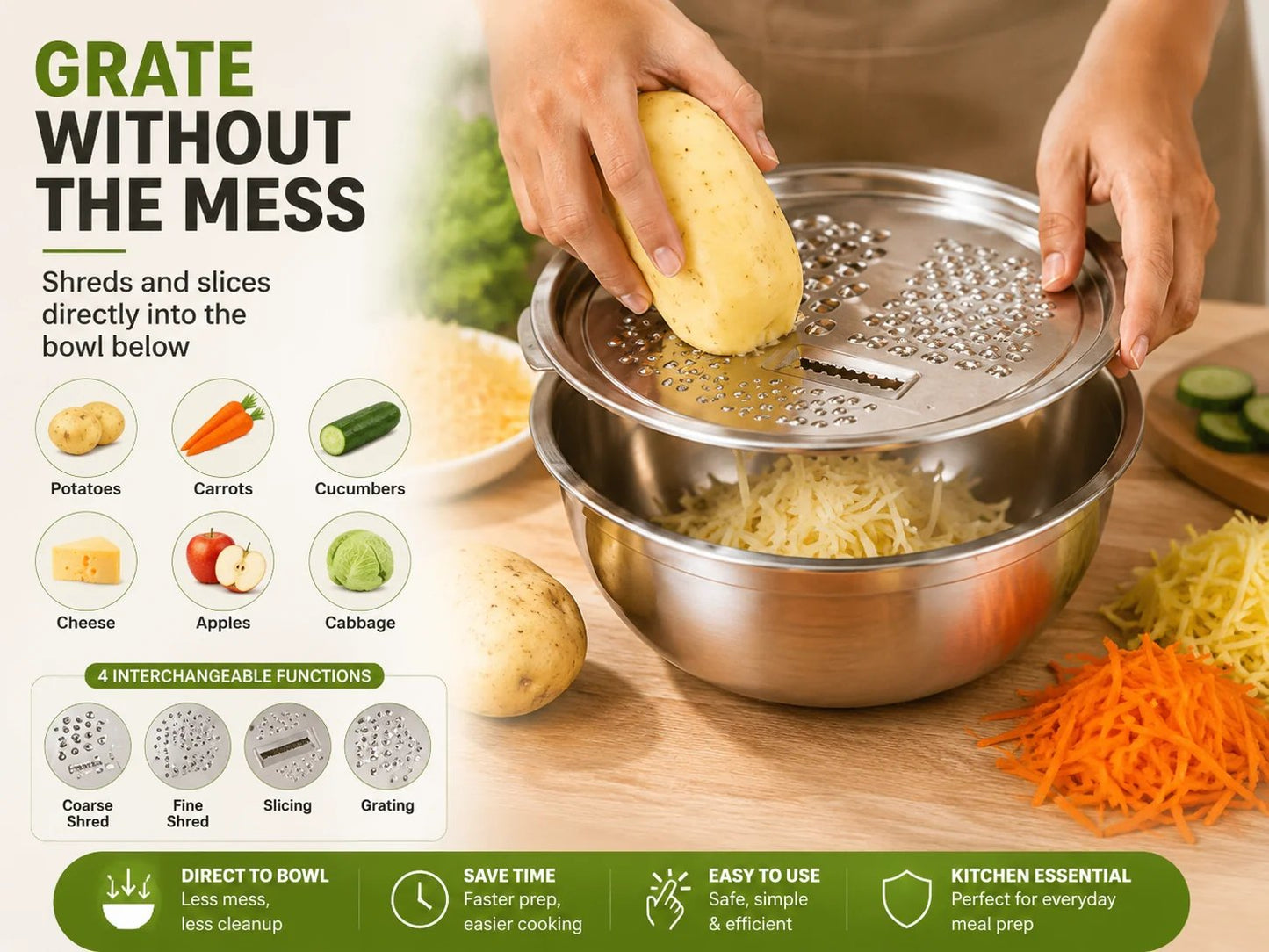 🥣✨ 3-in-1 Stainless Steel Kitchen Prep Set – Grater, Colander & Mixing Bowl