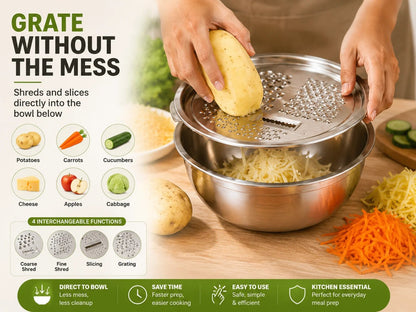 🥣✨ 3-in-1 Stainless Steel Kitchen Prep Set – Grater, Colander & Mixing Bowl