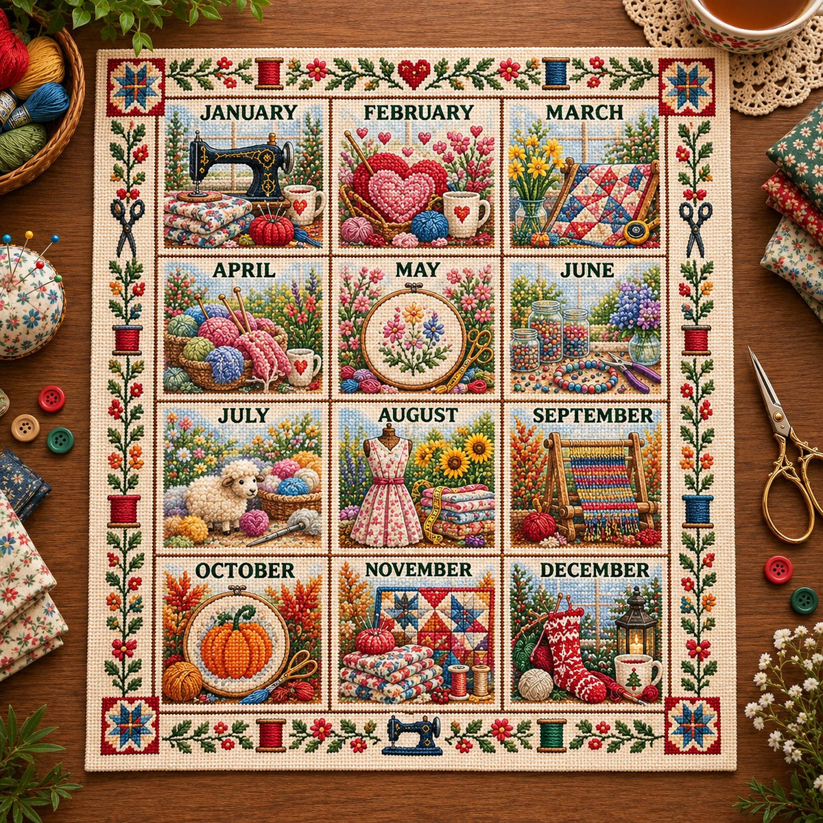 🧵🌷 Stitch the Seasons – 12-Month Embroidery Sampler Collection