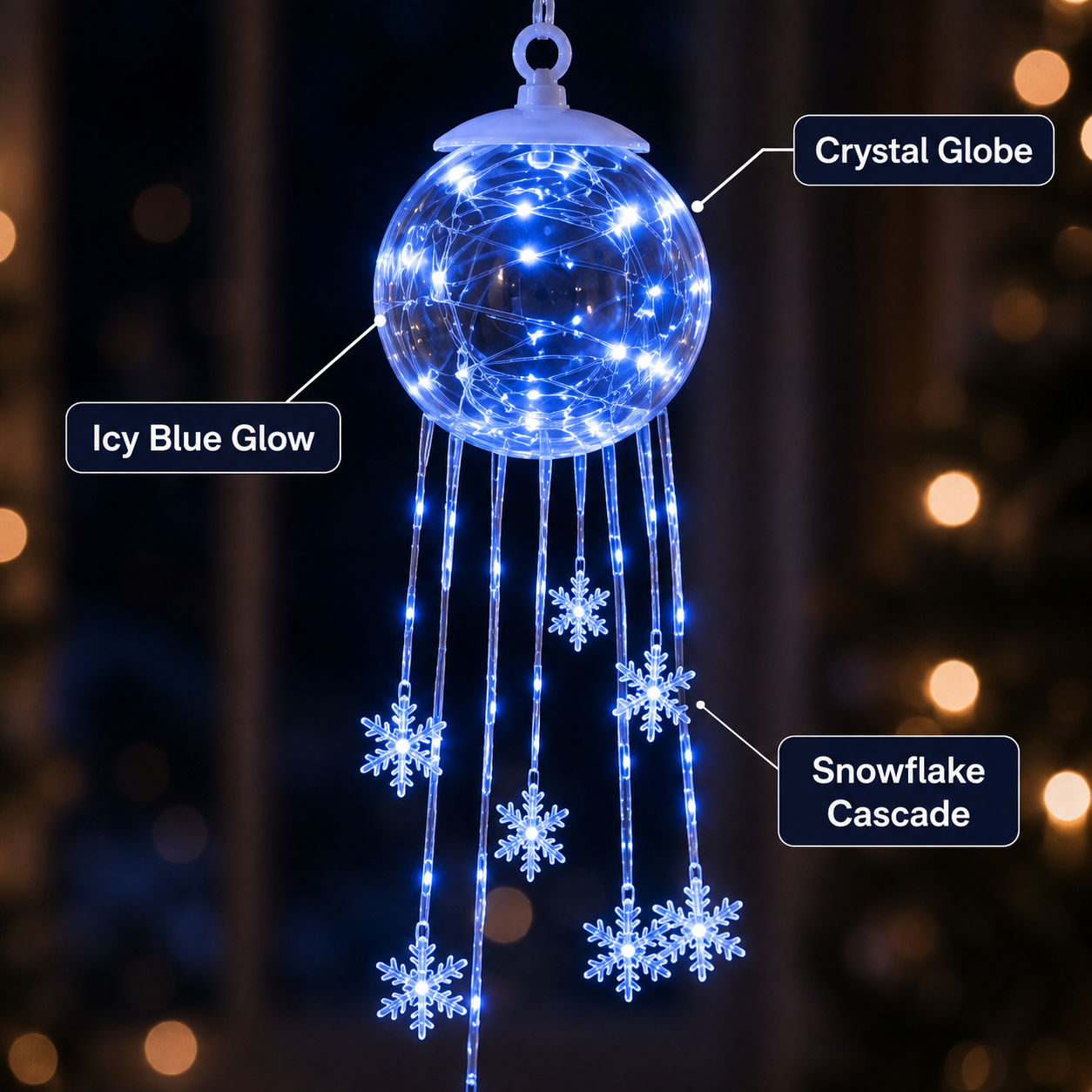 Crystal style globe with cascading illuminated snowflakes