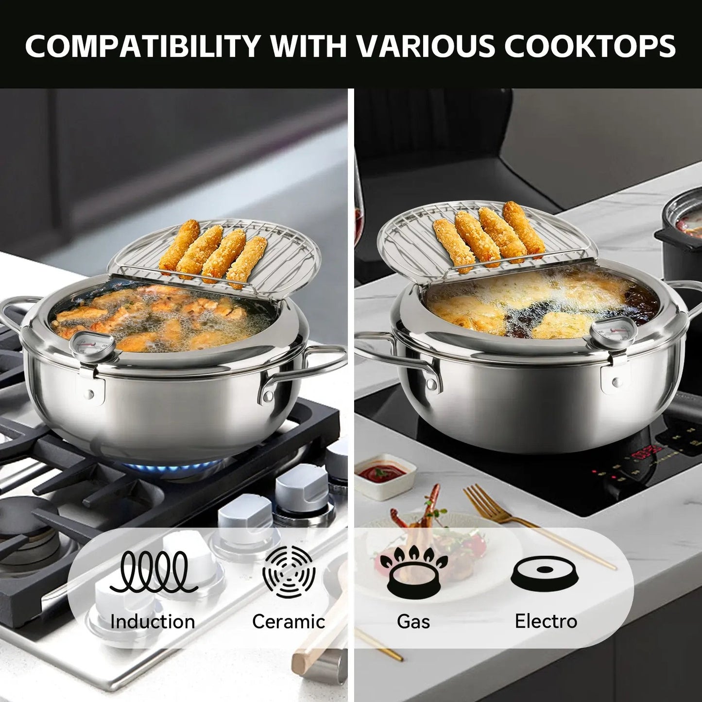 🥗Kitchen Essentials 🍳 304 Stainless Steel Frying Pot with Thermometer and Oil Drip Drainer Rack🎉