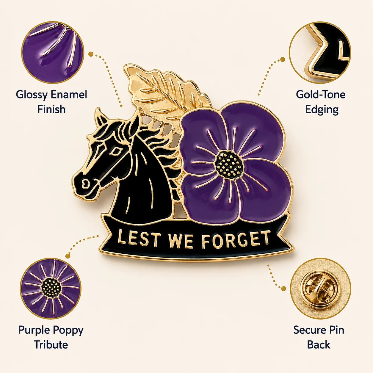 War Horse Purple Poppy badge enamel and gold detail