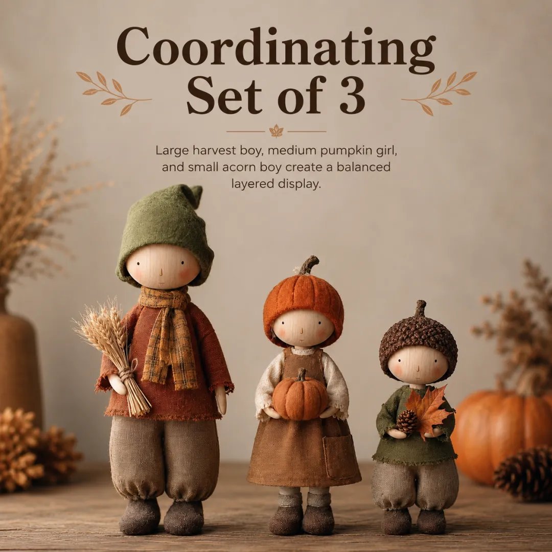 Set of 3 Rustic Fall Harvest Doll Figurines