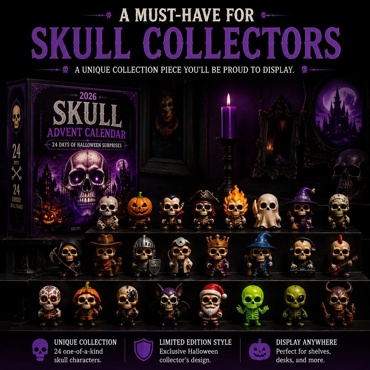 2026 Skull Halloween Advent Calendar | 24 Unique Collectible Skull Characters with Vampire, Pirate, Wizard & Monster Designs 🎃
