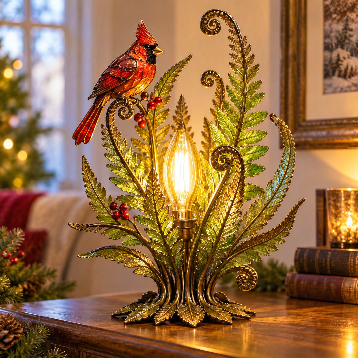 🐦 Cardinal Garden Glow Lamp – Vintage Bird & Botanical Table Light