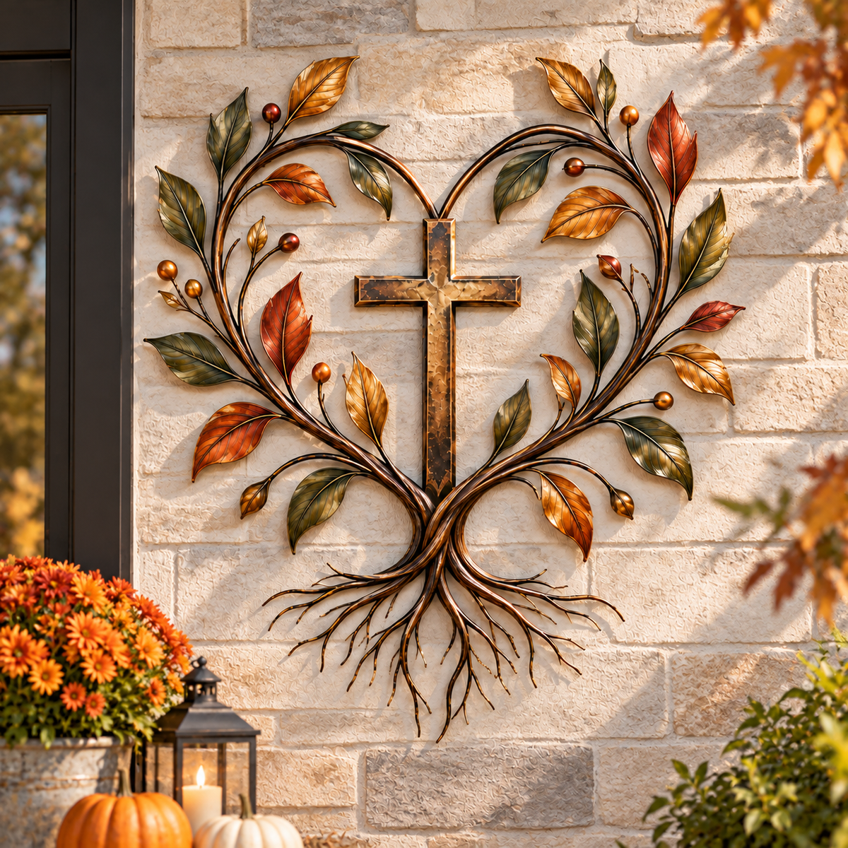 ✝️🍂 Faith & Harvest Tree Wall Art – Rustic Autumn Christian Metal Decor