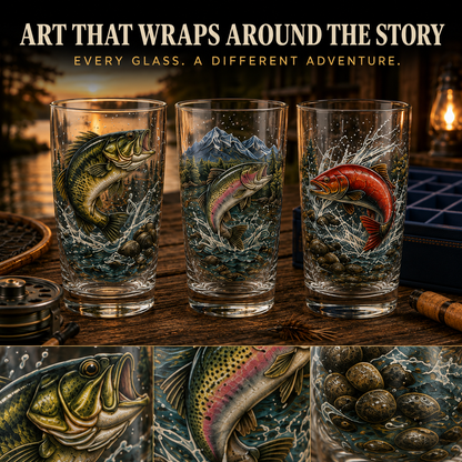 ✨🎣 The Last Cast Fishing Pint Glass Collection – 7 Unique Angler Designs & Gift Box