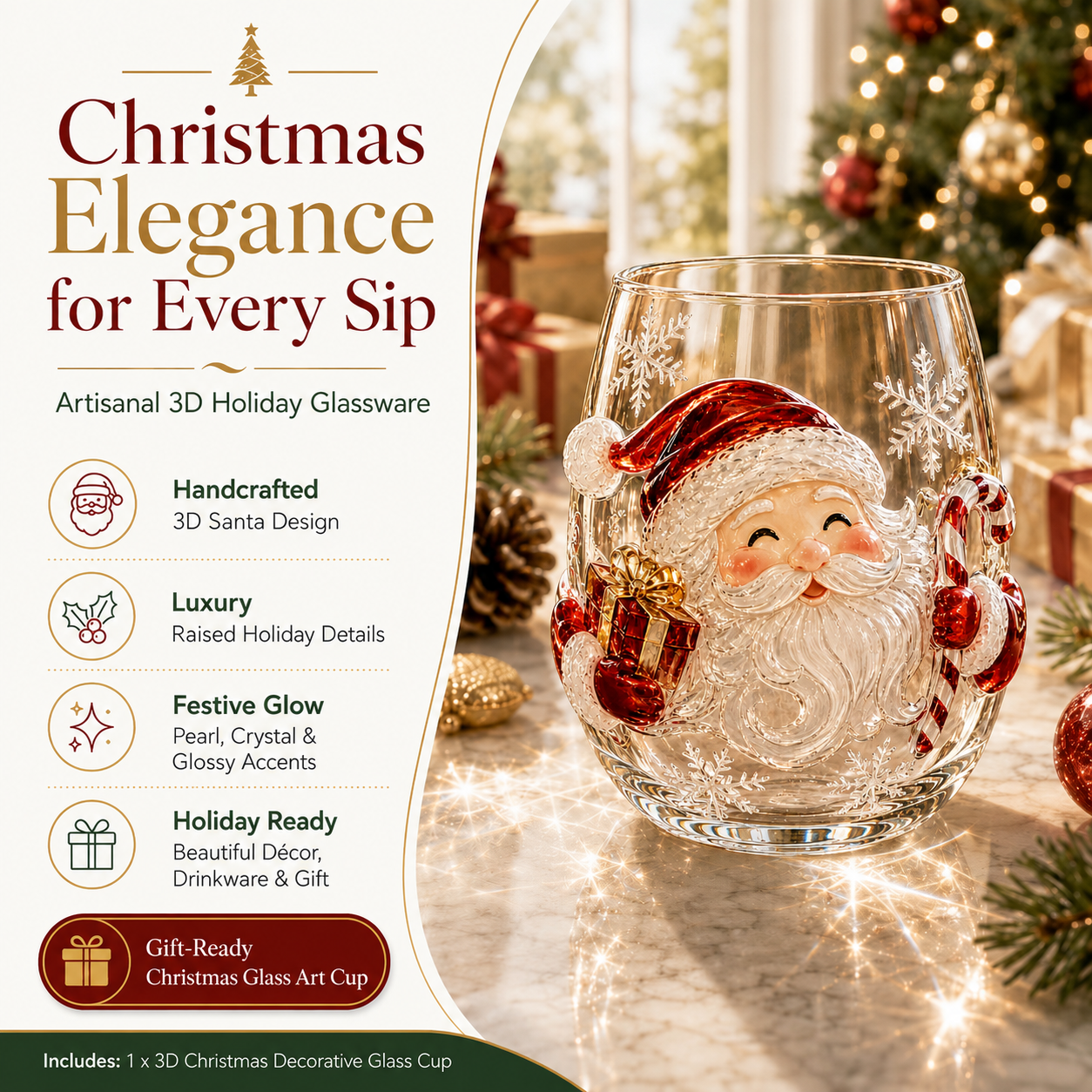 🎄✨ 3D Christmas Glass Art Cup