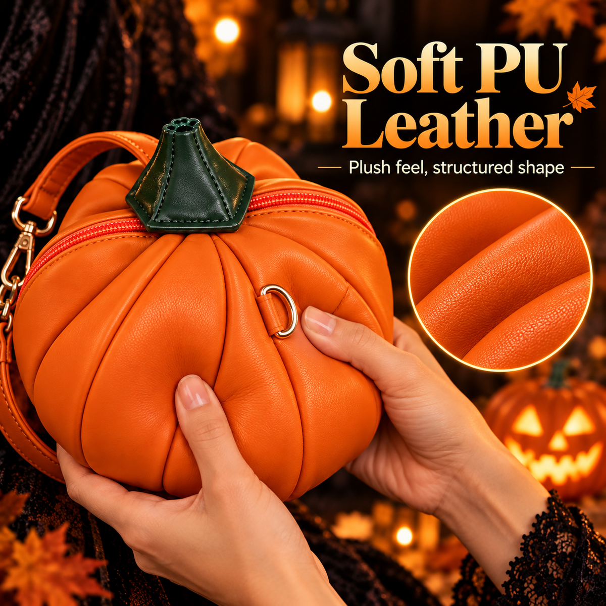 Soft PU leather pumpkin purse material detail