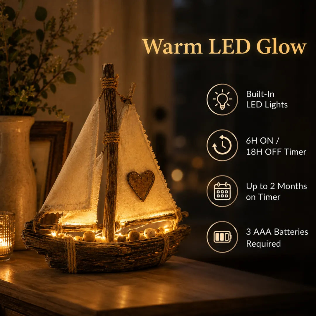 Lighted Rustic Sailboat Decor with Warm LED Glow