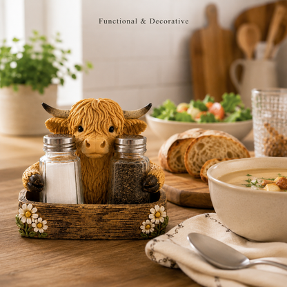 Highland Cow Salt & Pepper Shaker Set with Holder