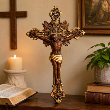 St. Benedict Exorcism Cross wood carved - Bless you and your family - faith-inspired design detail
