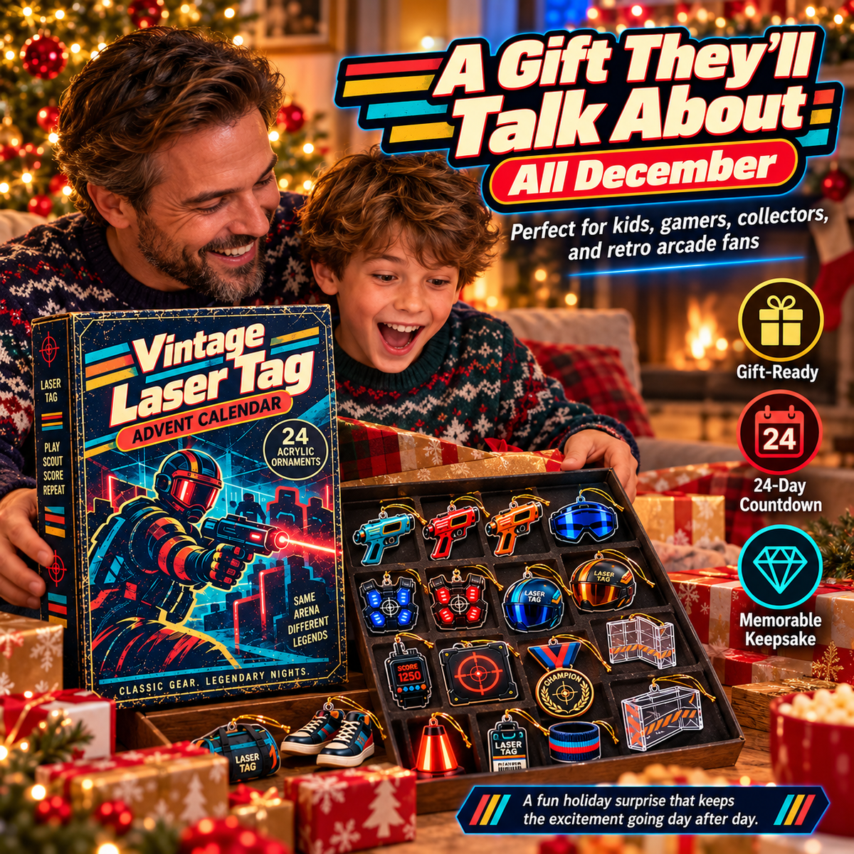 Father and son enjoying the Vintage Laser Tag Advent Calendar