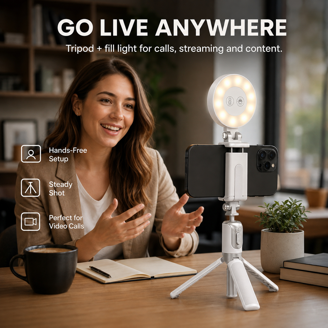 4-in-1 Magnetic Palm Grip Selfie Stick with LED Fill Light
